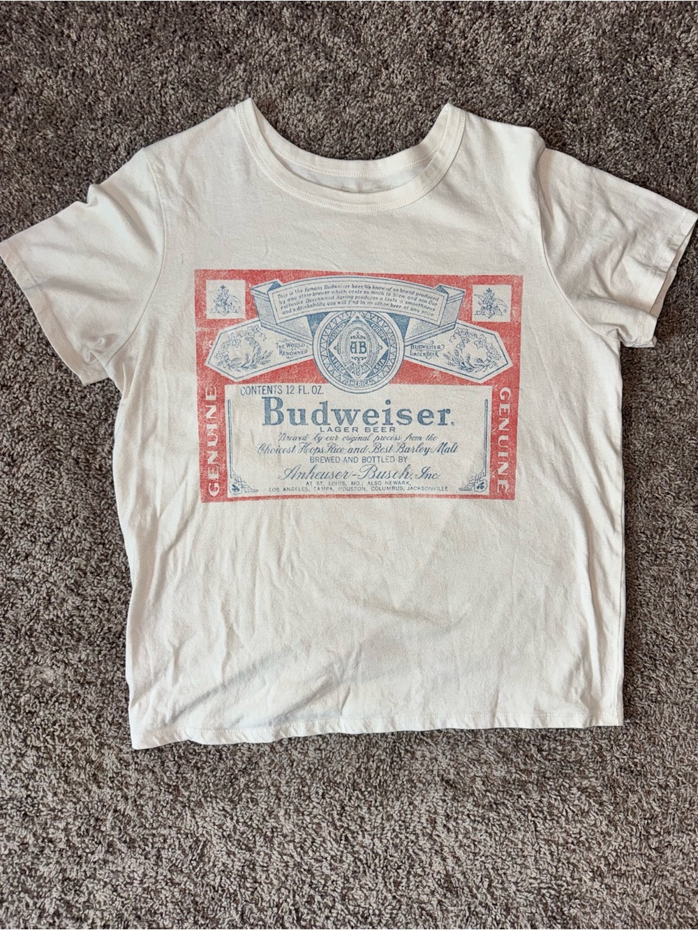 Women’s Large Budweiser White Short Sleeve Graphic Tee with Red and Blue Label